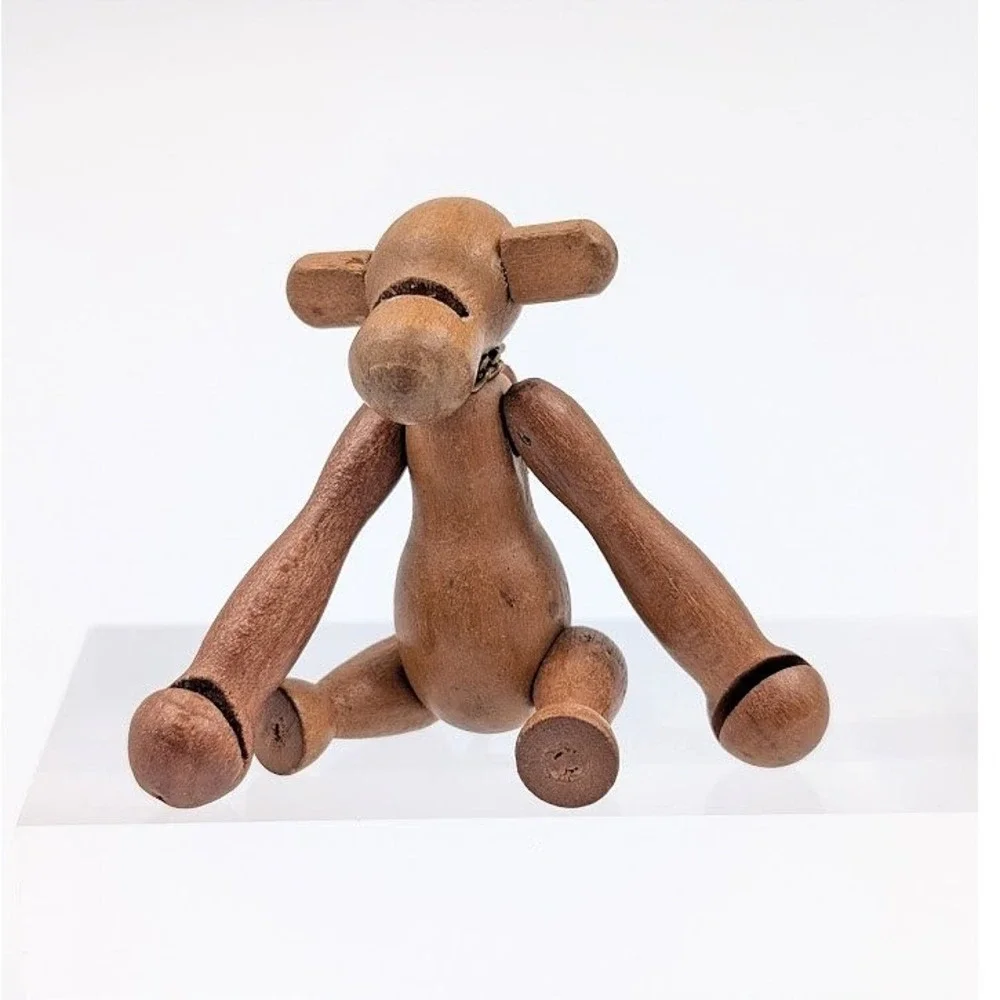 Vintage Zoo Line Japan Monkey Brooch Built in Pin-Chain Wooden‎ Articulated MCM